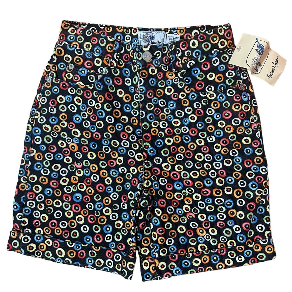 Vintage 1980s Daisy Blues Black Colorful Geometric High Waisted Shorts Size 24